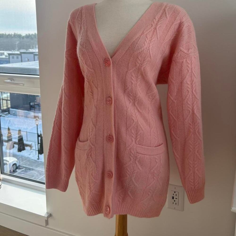 John Meyer Pink Wool and Angora Long Sleeve Button Up Cardigan Sweater Sz Large